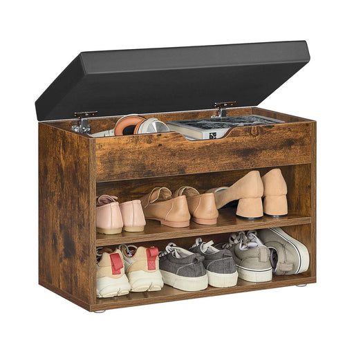 Rustic Brown Shoe Bench with Cushion and 3 Storage Compartments by Vasagle