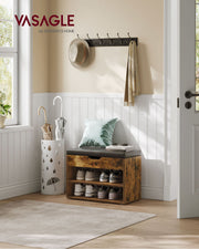 Rustic Brown Shoe Bench with Cushion and 3 Storage Compartments by Vasagle