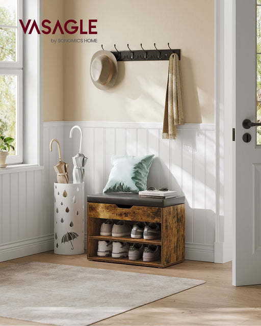 Rustic Brown Shoe Bench with Cushion and 3 Storage Compartments by Vasagle