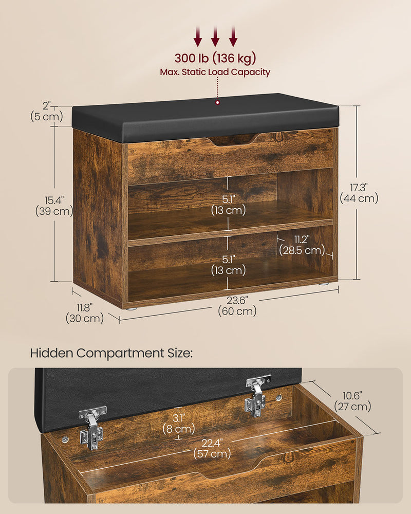 Rustic Brown Shoe Bench with Cushion and 3 Storage Compartments by Vasagle