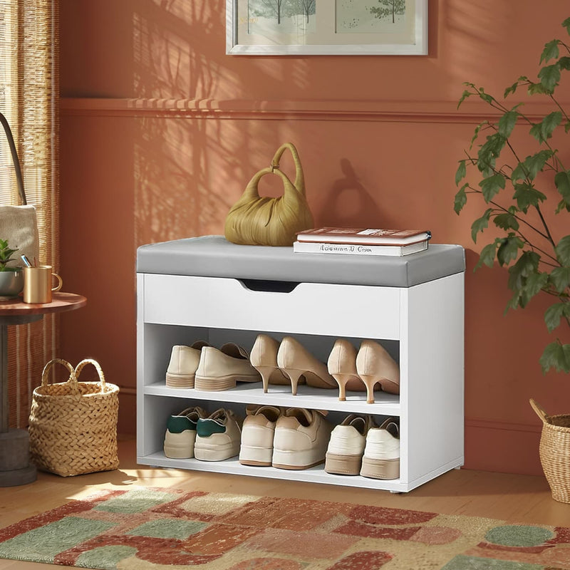 White Shoe Storage Bench with Cushion and 3 Compartments for Entryway Organisation by Vasagle