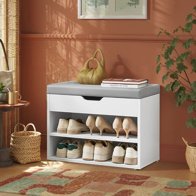 White Shoe Storage Bench with Cushion and 3 Compartments for Entryway Organisation by Vasagle