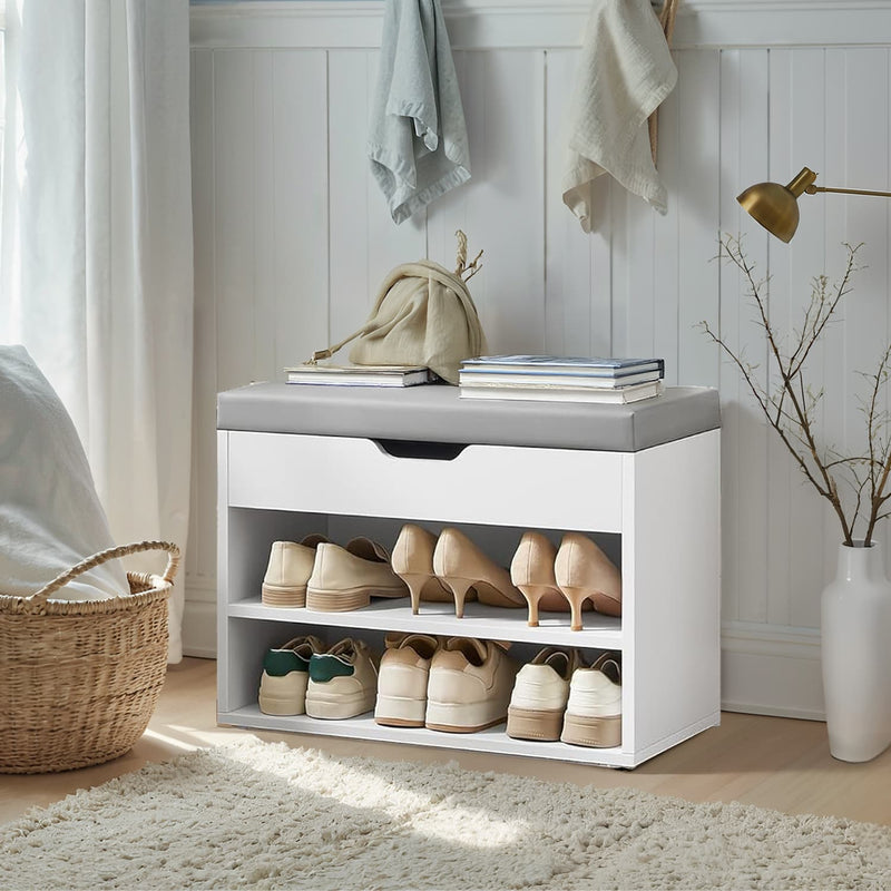 White Shoe Storage Bench with Cushion and 3 Compartments for Entryway Organisation by Vasagle