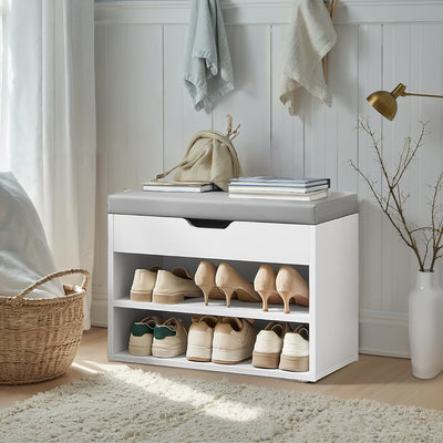 White Shoe Storage Bench with Cushion and 3 Compartments for Entryway Organisation by Vasagle
