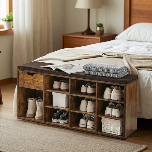 Brown Hallway Bench with Cushion and Shoe Storage Drawer and Shelves by Vasagle