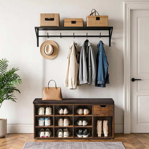 Brown Hallway Bench with Cushion and Shoe Storage Drawer and Shelves by Vasagle