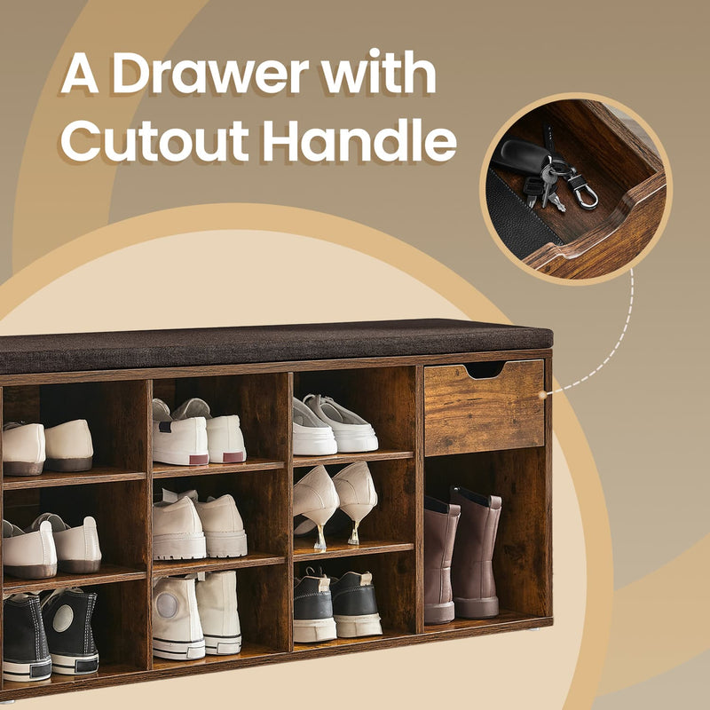 Brown Hallway Bench with Cushion and Shoe Storage Drawer and Shelves by Vasagle