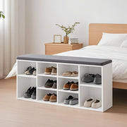 White Entryway Bench With Shoe Organiser Grey Cushioned Seat and Adjustable Shelves 10 Compartments by Vasagle