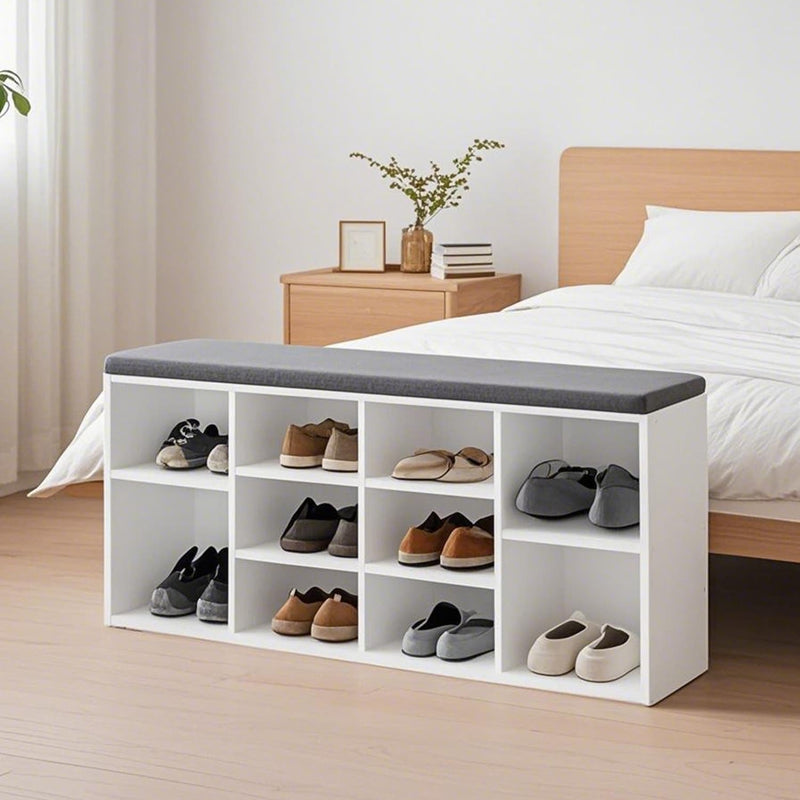 White Entryway Bench With Shoe Organiser Grey Cushioned Seat and Adjustable Shelves 10 Compartments by Vasagle
