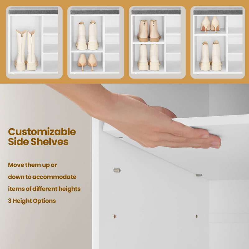 White Entryway Bench With Shoe Organiser Grey Cushioned Seat and Adjustable Shelves 10 Compartments by Vasagle