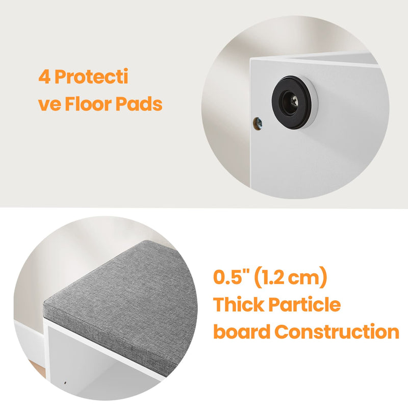 White Entryway Bench With Shoe Organiser Grey Cushioned Seat and Adjustable Shelves 10 Compartments by Vasagle