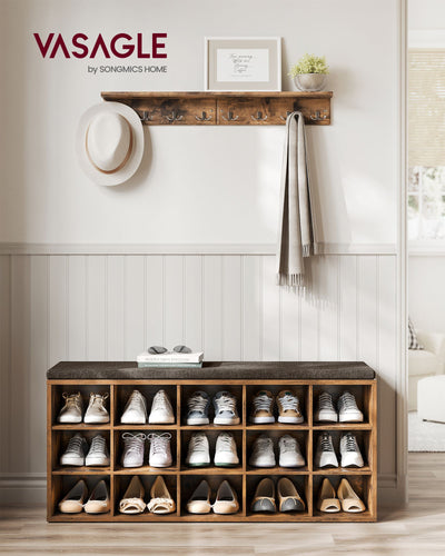 Rustic Brown Shoe Rack Bench with Padded Seat and Storage Shelf for Entryway by Vasagle