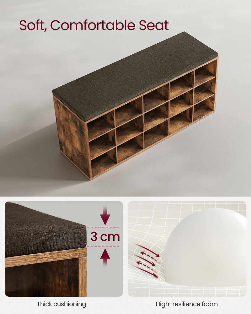 Rustic Brown Shoe Rack Bench with Padded Seat and Storage Shelf for Entryway by Vasagle