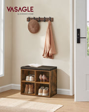 Rustic Brown Shoe Storage Bench with Cushioned Seat and Shelves for Hallway by Vasagle