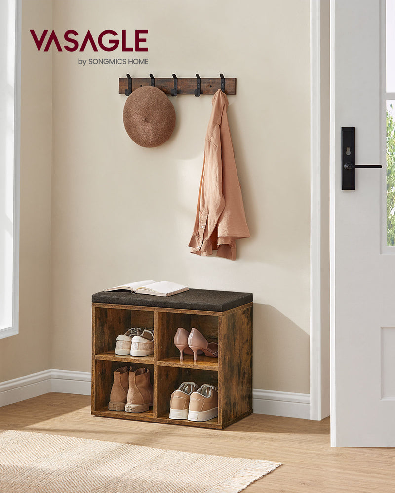 Rustic Brown Shoe Storage Bench with Cushioned Seat and Shelves for Hallway by Vasagle