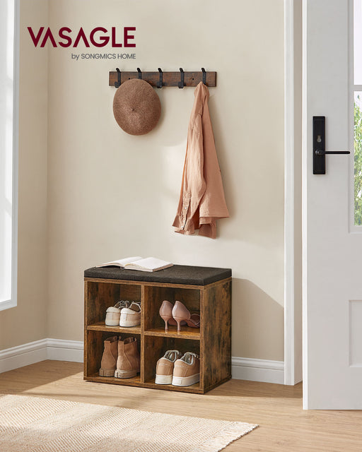 Rustic Brown Shoe Storage Bench with Cushioned Seat and Shelves for Hallway by Vasagle
