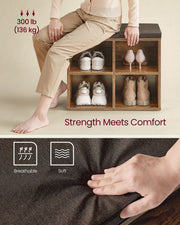 Rustic Brown Shoe Storage Bench with Cushioned Seat and Shelves for Hallway by Vasagle