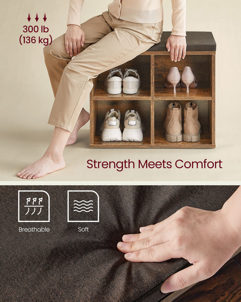 Rustic Brown Shoe Storage Bench with Cushioned Seat and Shelves for Hallway by Vasagle