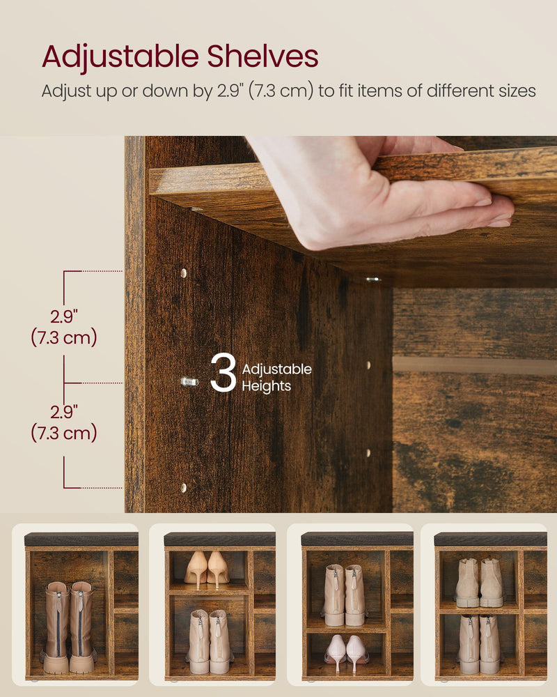 Rustic Brown Shoe Storage Bench with Cushioned Seat and Shelves for Hallway by Vasagle