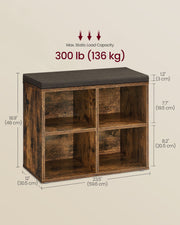 Rustic Brown Shoe Storage Bench with Cushioned Seat and Shelves for Hallway by Vasagle