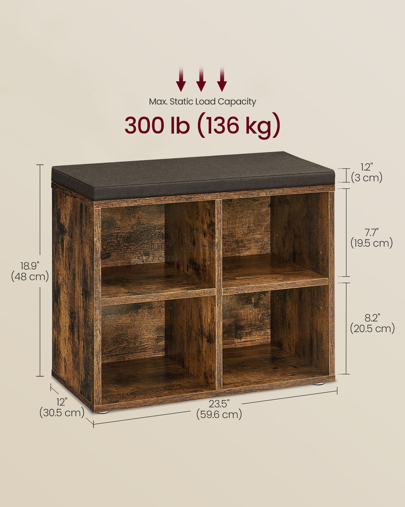 Rustic Brown Shoe Storage Bench with Cushioned Seat and Shelves for Hallway by Vasagle