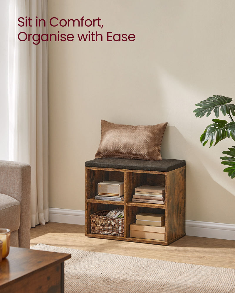 Rustic Brown Shoe Storage Bench with Cushioned Seat and Shelves for Hallway by Vasagle