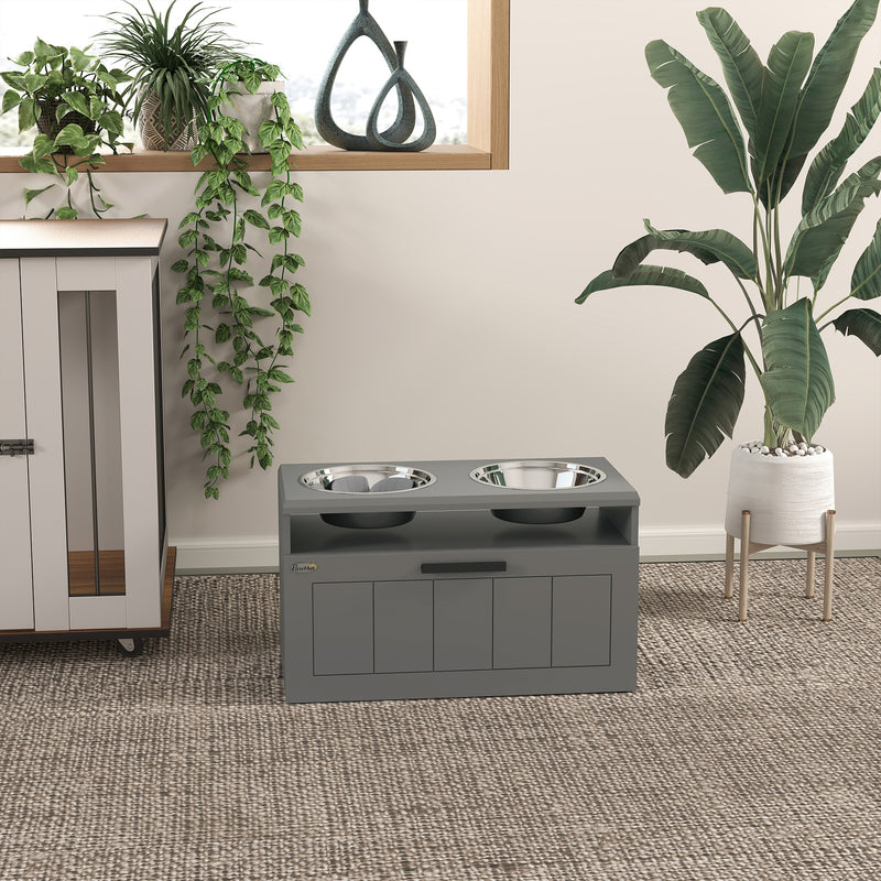 Raised Dog Feeder with Slow Feed Bowls and Storage Drawer for Large Dogs Grey