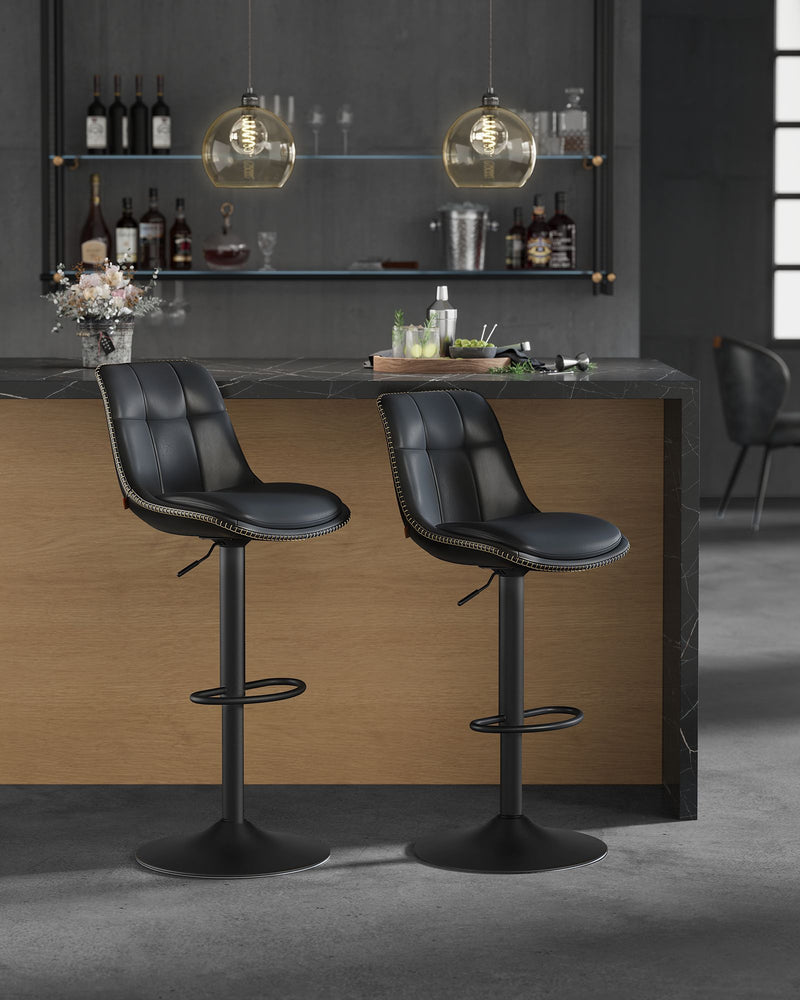 Set of 2 Black Bar Stools with Backrests Footrests and Metal Legs by Vasagle