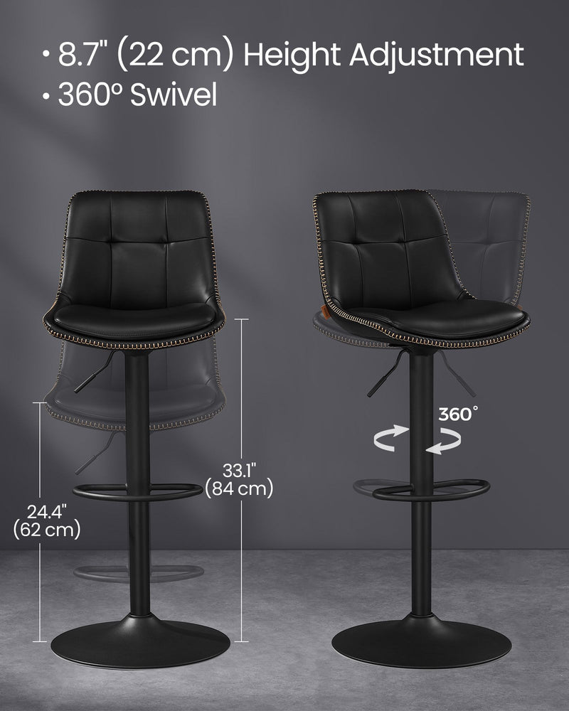 Set of 2 Black Bar Stools with Backrests Footrests and Metal Legs by Vasagle