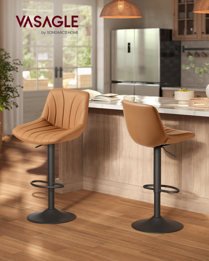 Set of 2 Adjustable Bar Stools with Backrests in Caramel Brown Faux Leather by Vasagle VASAGLE