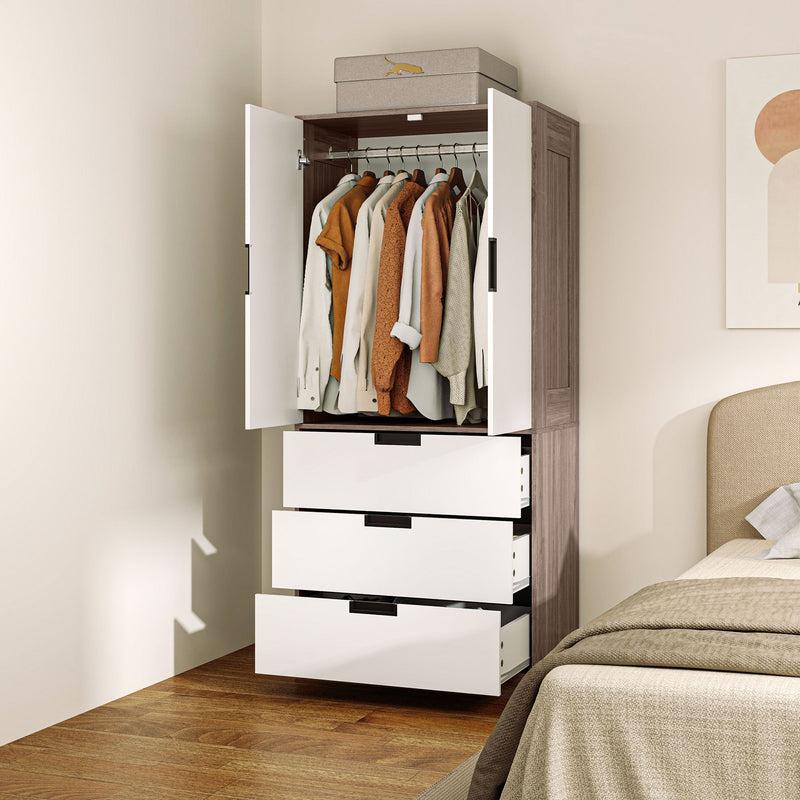 Two Door Wardrobe with Drawers for Bedroom Storage, White and Brown by HOMCOM