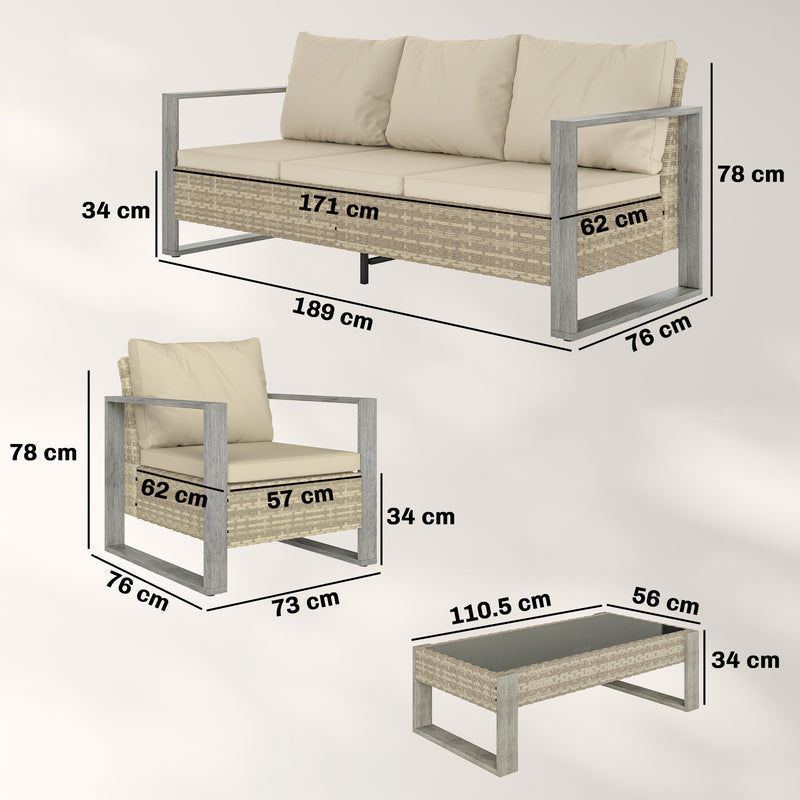 Rattan Garden Furniture Set for Relaxed Outdoor Seating with Cushions and Coffee Table, Khaki