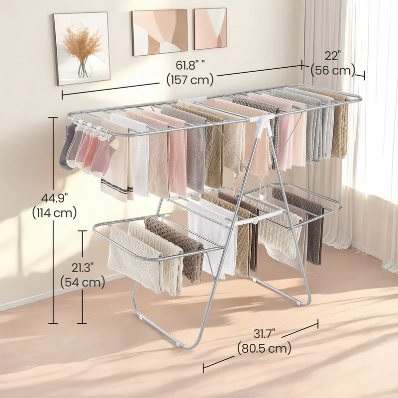 Foldable Two Tier Clothes Drying Rack with Adjustable Wings for Indoor Laundry by Songmics