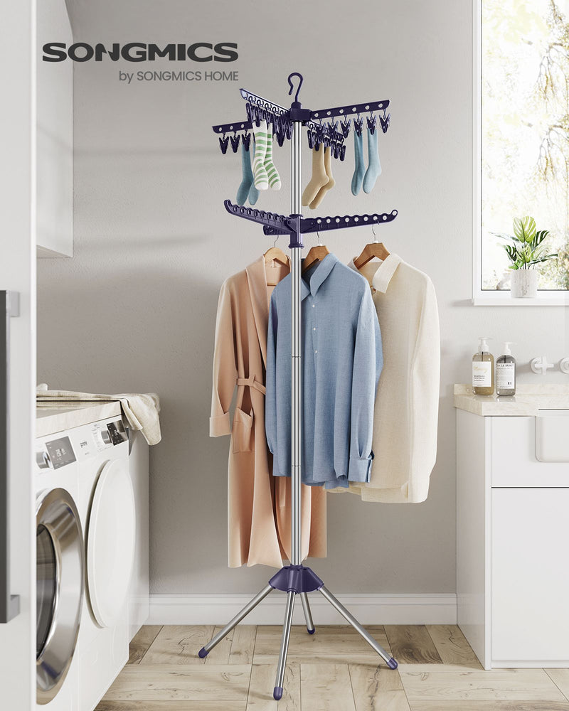 Folding Clothes Airer with 3 Rotating Arms Space Saving Design Blue and Silver by Songmics