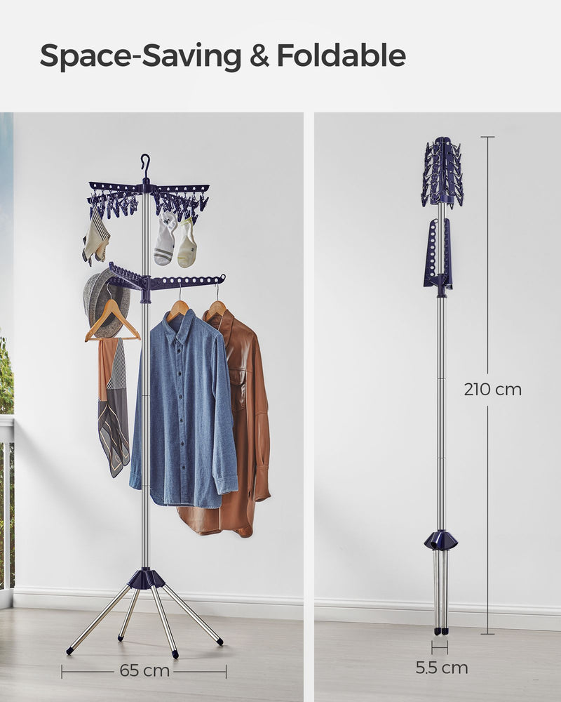 Folding Clothes Airer with 3 Rotating Arms Space Saving Design Blue and Silver by Songmics