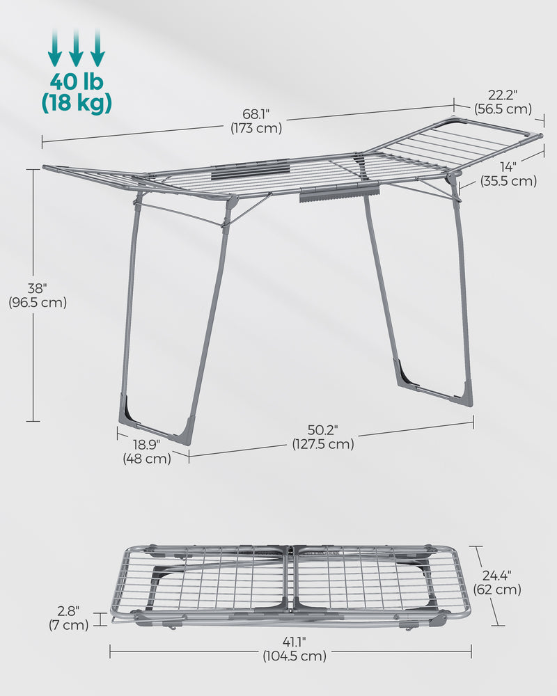Foldable Winged Clothes Airer with Drying Rack 56 cm Wide Rust Resistant by Songmics