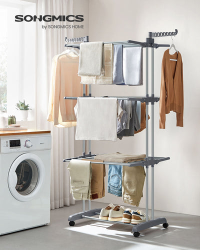 4 Tier Foldable Clothes Airer Drying Rack with Large Hanging Space in Grey by Songmics