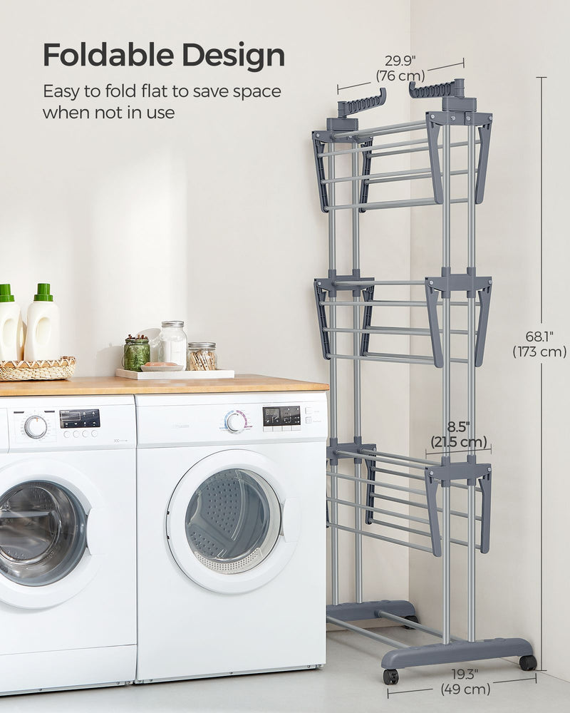 4 Tier Foldable Clothes Airer Drying Rack with Large Hanging Space in Grey by Songmics