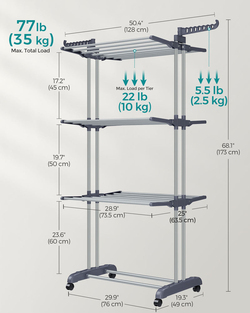 4 Tier Foldable Clothes Airer Drying Rack with Large Hanging Space in Grey by Songmics