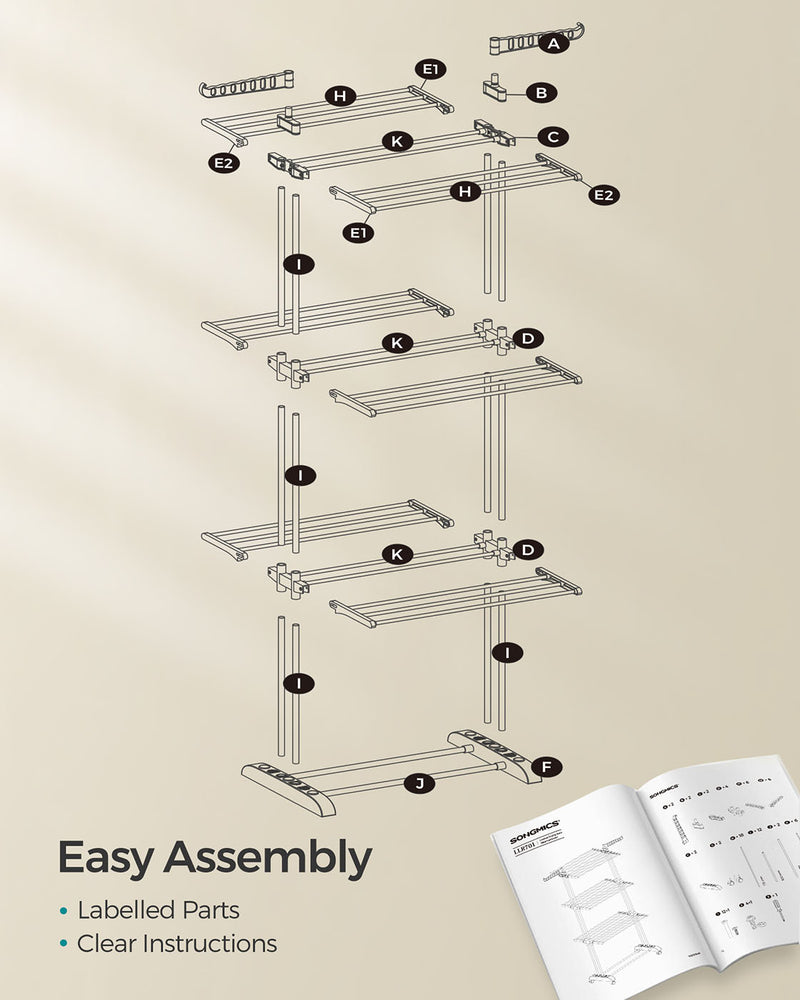 4 Tier Foldable Clothes Airer Drying Rack White Space Saving Indoor Laundry Stand by Songmics