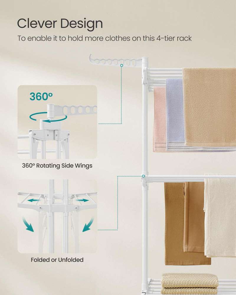 4 Tier Stainless Steel Clothes Drying Rack Foldable with Expandable Wings by Songmics