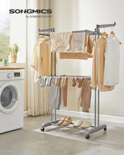 Large 3 Tier Folding Clothes Airer with Wheels in Dove Grey for Indoor Drying by Songmics