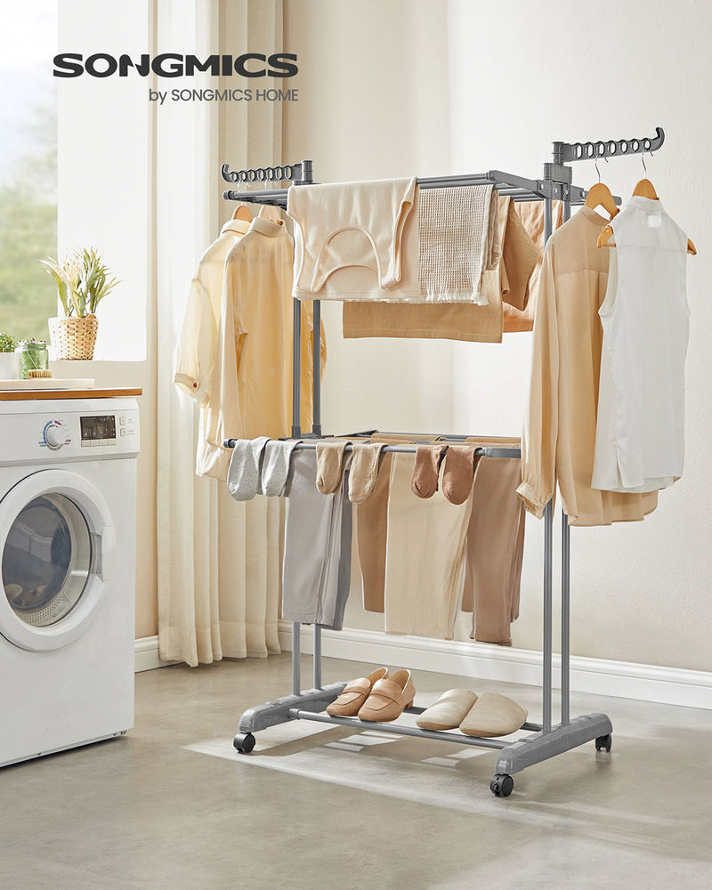 Large 3 Tier Folding Clothes Airer with Wheels in Dove Grey for Indoor Drying by Songmics