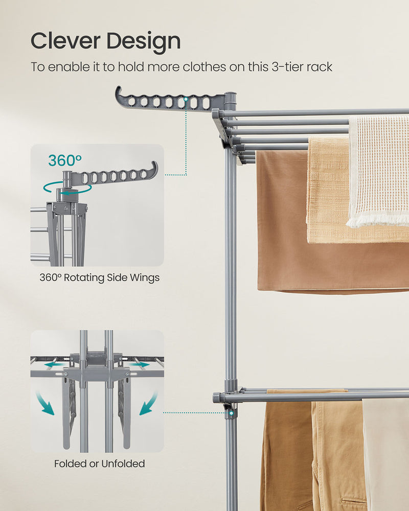 Large 3 Tier Folding Clothes Airer with Wheels in Dove Grey for Indoor Drying by Songmics