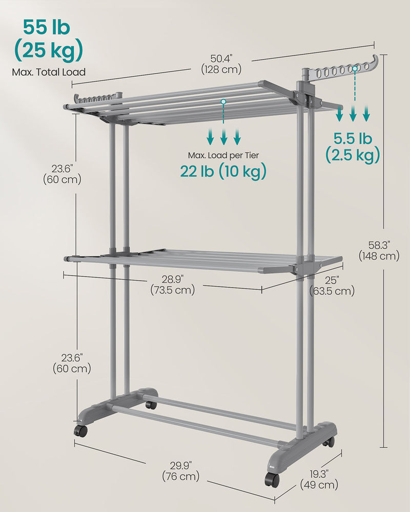 Large 3 Tier Folding Clothes Airer with Wheels in Dove Grey for Indoor Drying by Songmics
