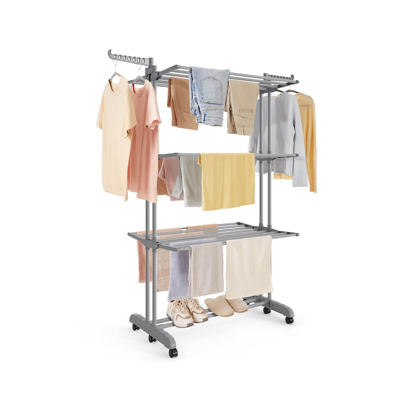 Large Foldable 4 Tier Clothes Airer with Wheels in Dove Grey for Indoor Drying by Songmics