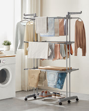 Large Foldable 4 Tier Clothes Airer with Wheels in Dove Grey for Indoor Drying by Songmics