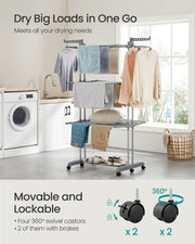 Large Foldable 4 Tier Clothes Airer with Wheels in Dove Grey for Indoor Drying by Songmics