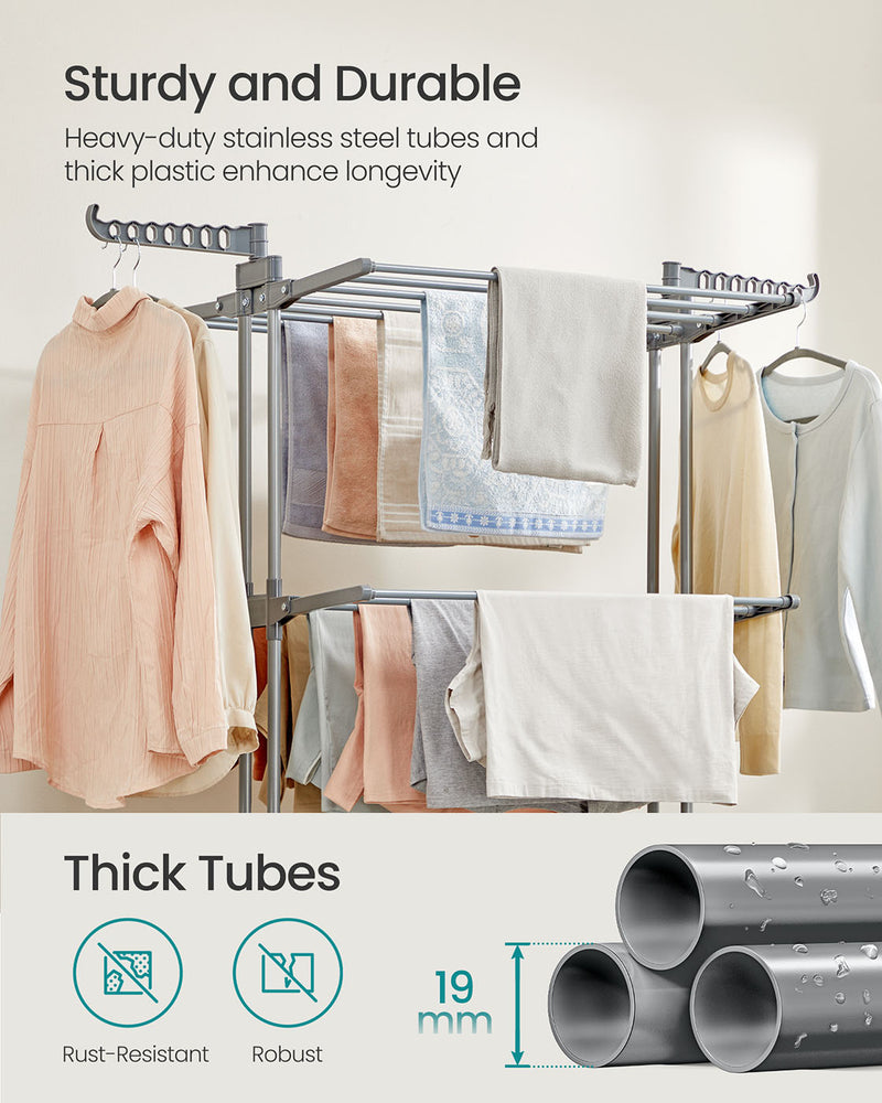 Large Foldable 4 Tier Clothes Airer with Wheels in Dove Grey for Indoor Drying by Songmics