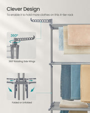 Large Foldable 4 Tier Clothes Airer with Wheels in Dove Grey for Indoor Drying by Songmics